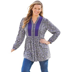 Woman Within Women's Plus Size Button-Front Mixed Print Tunic - 1 of 4