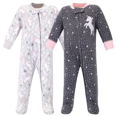Image of Hudson Baby Infant Girl Fleece Zipper Sleep and Play 2pk, Whimsical Unicorn, 0-3 Months