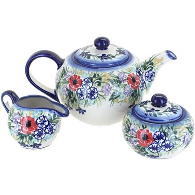 Blue Rose Polish Pottery Summer Garden 3 Piece Tea Set