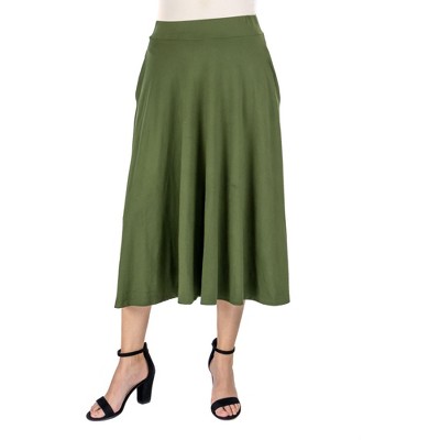 24seven Comfort Apparel Elastic Waist Pleated Pocket Midi Skirt-olive-l ...