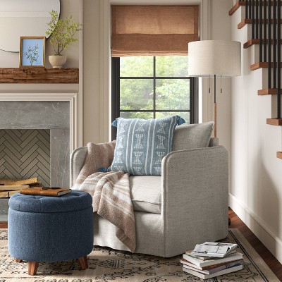 Tufted Round Storage Ottoman Heathered Blue - Threshold™: Mid-Century, Hidden Compartment, Wood Legs