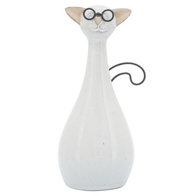 Sagebrook Home 7" Cat with Glasses Sculpture - Contemporary Ceramic White Cat Statue with Black and Beige Accents for Home or Office Decor - Cat