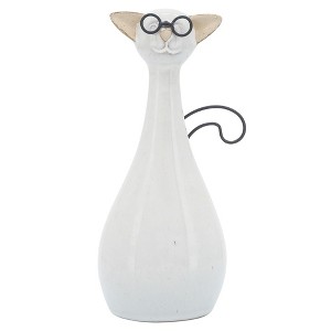 Sagebrook Home 7" Cat with Glasses Sculpture - Contemporary Ceramic White Cat Statue with Black and Beige Accents for Home or Office Decor - Cat - 1 of 4
