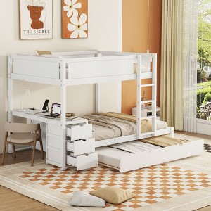 NicBex Full over Full Bunk Bed with Desk Wooden Bed Frame with Trundle, Drawers, Ladder and Full Length Guardrail, No Box Spring Required - 1 of 4