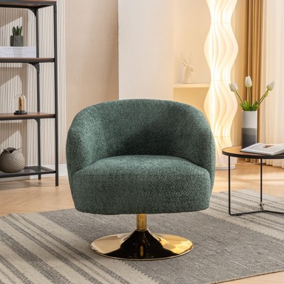 Chenille Fabric Accent Swivel Chair With Gold Metal Round Base,Green