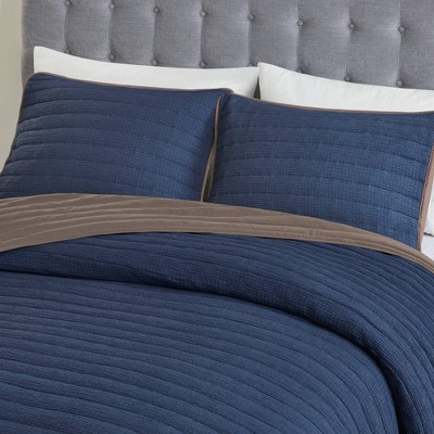 Navy and Brown Reversible Microfiber Full Quilt Set