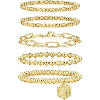 adoyi Gold Bracelets for Women Waterproof, 14K Gold Plated Beaded Strand Bead Ball Bracelets stack