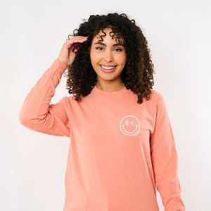 S.W.Smiley Embroidered Smiley Face Outline - Women's Garment Dyed Long Sleeve Graphic T-Shirt - 1 of 4