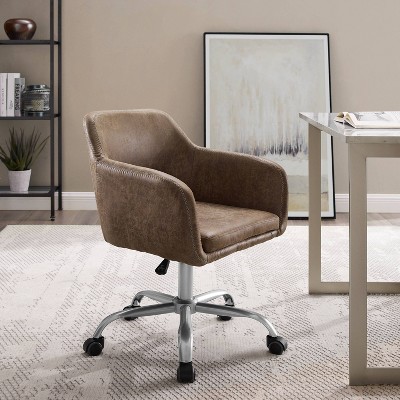 Rustic Brown Leather-Trimmed High-Back Task Chair with Zig-Zag Stitching