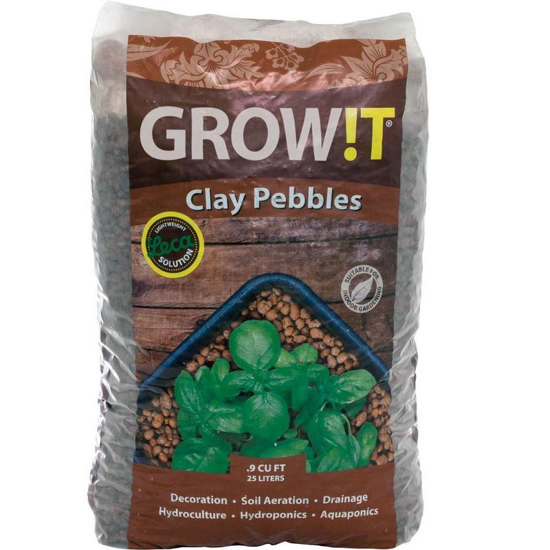 GROW!T GMC10L 100% Natural Clay Pebbles for Hydroponic Growing, Aquaponic Systems, Drainage, and Other Gardening, Brown, .90 Cubic Feet/25 Liter Bag, 1 of 7