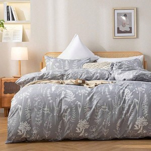 Set of 3 Queen Duvet Cover White Botanical Gray with Zipper 2 Pillow Cases - 1 of 4