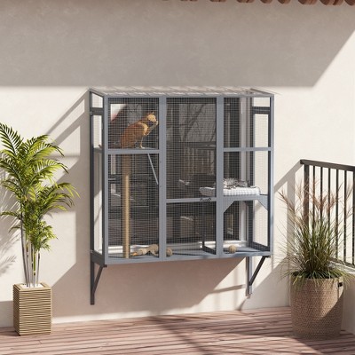 Gray Wooden Outdoor Catio with Jumping Platforms