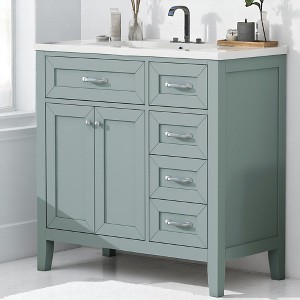 Mshliw Modern 36 Inch Bathroom Vanity with Sink, MDF Cabinet with Storage Drawers, Freestanding, White Ceramic Basin - 1 of 4