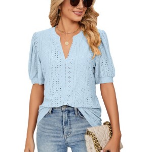 Clearlove Womens Puff Short Sleeve Casual Blouses V Neck T-Shirt Hollow Out Business Tops - 1 of 4