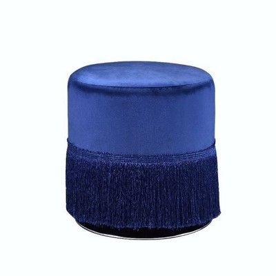 Clivia Midnight Blue Velvet Round Storage Ottoman with Fringe Base
