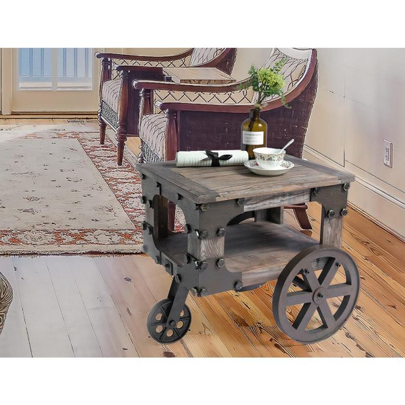 Vintiquewise Industrial Wagon Style Small Rustic End Table with Storage Shelf and Wheels, 2 of 6