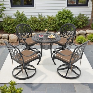 5-Piece Round Cast Aluminum Patio Set with Swivel Chairs,Brown Cushions,and Umbrella Hole - 1 of 4