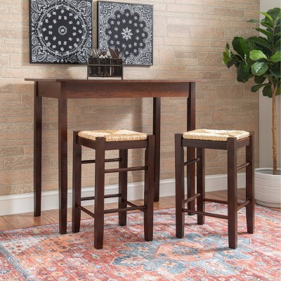 Espresso Brown Wood Counter Height Table Set with Rush Seat Stools