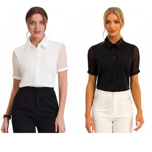 INSPIRE CHIC Women's Sheer Short Sleeve Point Collar Work Button Down Shirt 2 Packs - 1 of 4