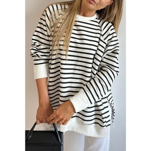 Black Stripe Raglan Sleeve Side Slits Loose Sweatshirt - 1 of 4