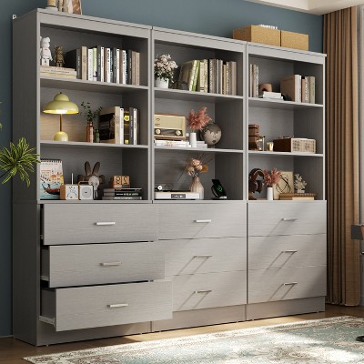 Aheaplus 71'' Tall Storage Bookcase, Bookshelf with 3-Tier Open Shelves and 3 Drawers, Wood Storage Cabinet