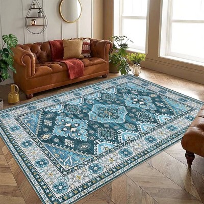 Blue Floral Chenille Washable Non-Slip 8' x 10' Area Rug