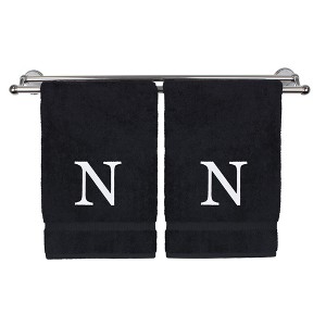 BC BARE COTTON Monogrammed Hand Towel, 100% Turkish Cotton - Set of 2 - Black - White Block - 1 of 3