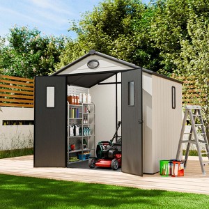 EAGLE PEAK 8x6 Resin Outdoor Storage Shed, Garden Shed with Floor and Lockable Doors, Tool and Equipment Storage, White/Gray - 1 of 4