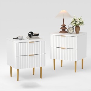 Modern Nightstand with USB Charging Station, Gold & Wood Fluted Bedside Night Stand with 2 Drawers, USB Ports & Outlets - 1 of 4