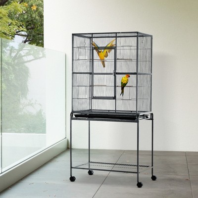 Large Rolling Black Metal Bird Cage with Wood Perch and Storage Shelf