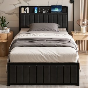 VECELO Twin/Full/Queen Size Metal Frame Platform Bed Frame with Storage Charging Station, Black/Gray - 1 of 4