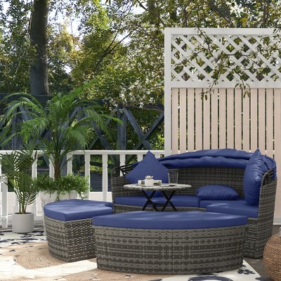 Dark Blue Round Rattan Outdoor Daybed with Adjustable Canopy