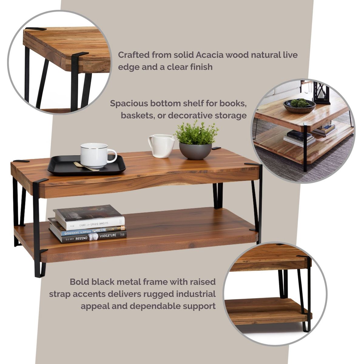 Alaterre Furniture Ryegate Live Edge Solid Wood Coffee Table Metal and Wood - thumbnail 4
