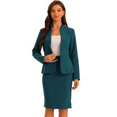 Unique Bargains Women's 2 Piece Suit Skirt Set Business Casual Long Sleeve  Blazer and Pencil Skirt