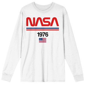 NASA American Flag 1976 Logo Crew Neck Long Sleeve Men's White Tee - 1 of 3