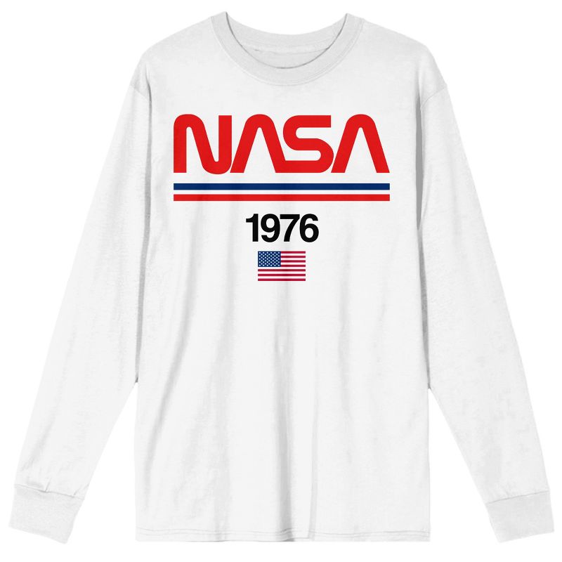 NASA American Flag 1976 Logo Crew Neck Long Sleeve Men's White Tee, 1 of 4