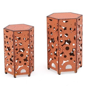 Vynxaria Patio End Tables - Set of 2 Orange Accent Tables with Fleur-de-Lis Design - 1 of 4