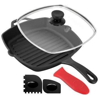 MegaChef 10.4 Inch Pre-Seasoned Cast Iron Griddle with Tempered Glass Lid
