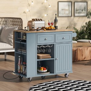 Kitchen Island with Power Outlet, Drop Leaf, Rubber Wood Top, Open Storage, Wine Rack, and 5 Wheels for Adjustable Home, Kitchen, and Dining Room Use - 1 of 4