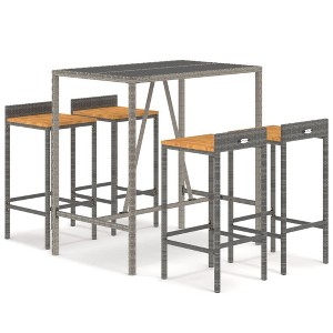vidaXL Patio Bar Set, 5 Piece Outdoor Furniture, Comfortable Bar Stools with Footrest, Gray Poly Rattan and Solid Acacia Wood, Tempered Glass Tabletop - 1 of 4