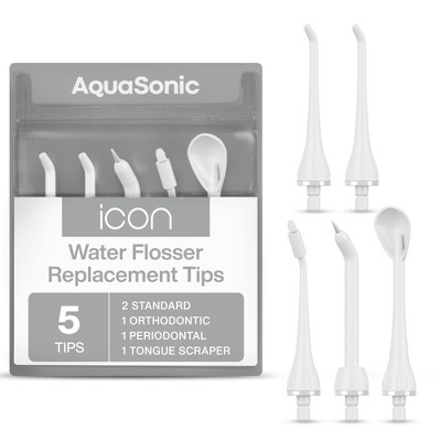 AquaSonic Icon Water Flosser Replacement Tips – 5 Tips, 4 Tip Types: Standard, Periodontal, Orthodontic & Tongue Scraper - Genuine, Authentic Part