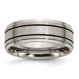 Black Bow Jewelry 8mm Titanium & Black Enamel Ridged Edge Standard Fit Band - 1 of 4