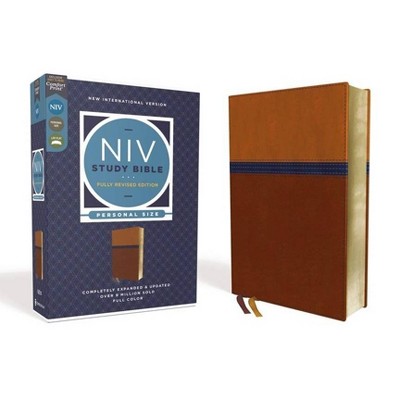 NIV Study Bible, Fully Revised Edition, Personal Size, Leathersoft, Brown/Blue, Red Letter, Comfort Print - by  Zondervan (Leather Bound)