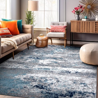Blue and Gray Abstract 4' x 6' Stain-Resistant Area Rug