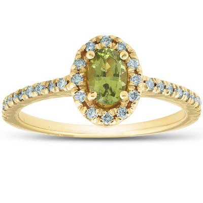 Pompeii3 1/2 Ct TW Oval Peridot & Diamond Halo Ring 14k Yellow Gold