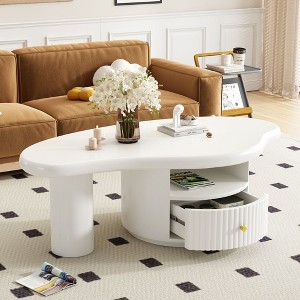 NicBex Set of 3 Cloud-Shaped Coffee Table with Dual Hidden Drawers + 2 Small Stools, Modern Center Table Living Room Set - 1 of 4