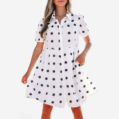 Amaryllis Women’s Polka Dot Button Front Puff Sleeve Tiered Babydoll Mini Dress with Collar and Side Pockets Light Dress