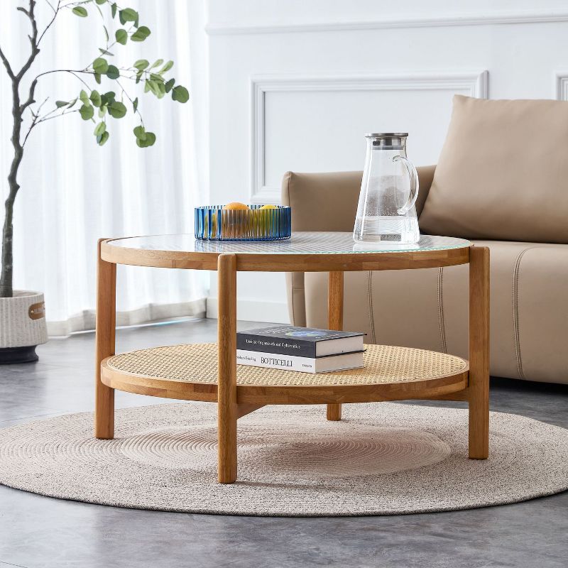 Modern Minimalist Round Coffee Table with Craft Glass Tabletop and Rattan Layer for Living Room, Indoor Furniture - The Pop Home, 2 of 11