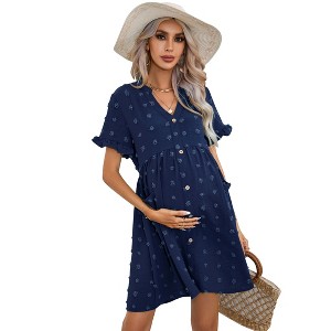 Clearlove Summer Dress Casual Lantern Sleeve V Neck Button Dress Swing Flowy Maternity Dresses - 1 of 4