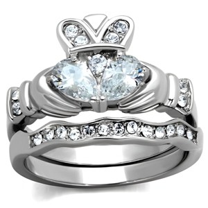 Slickblue Women’s Claddagh Ring Set, Dual Pear CZ Stones with Hand Motif, Matching Band, Polished Steel, Size 5–10 - 1 of 4
